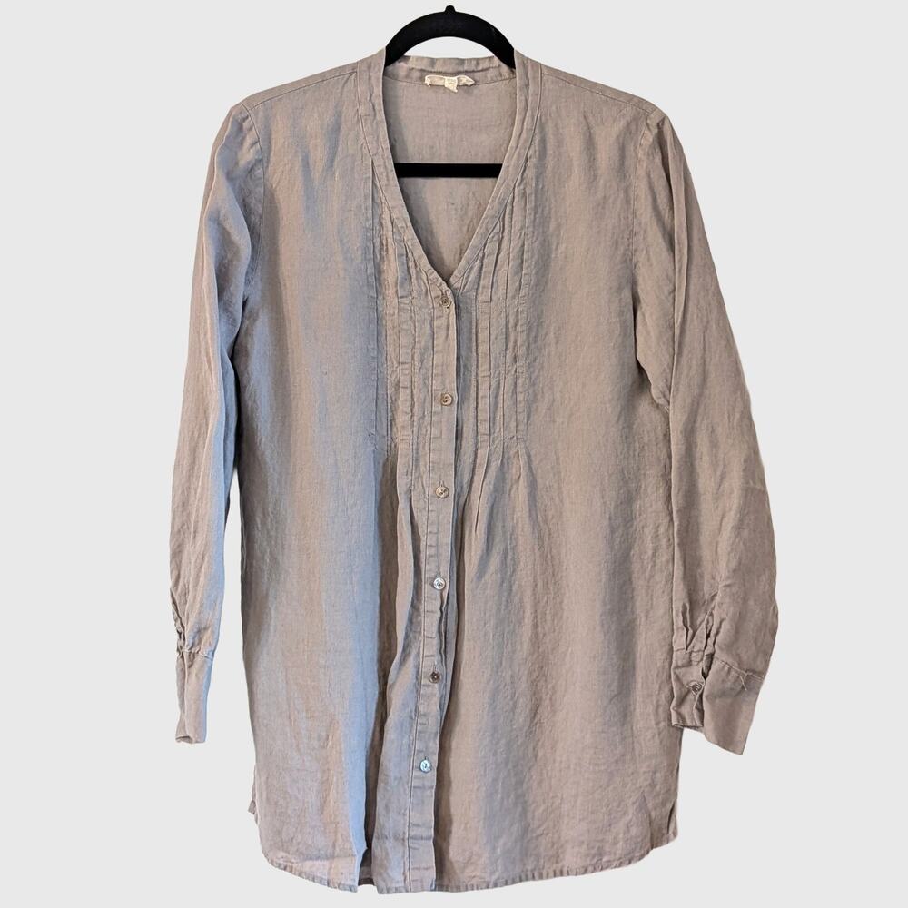 Eileen Fisher Irish Linen Gray Long Shirt Small Pleated V Neck Tunic Lagenlook